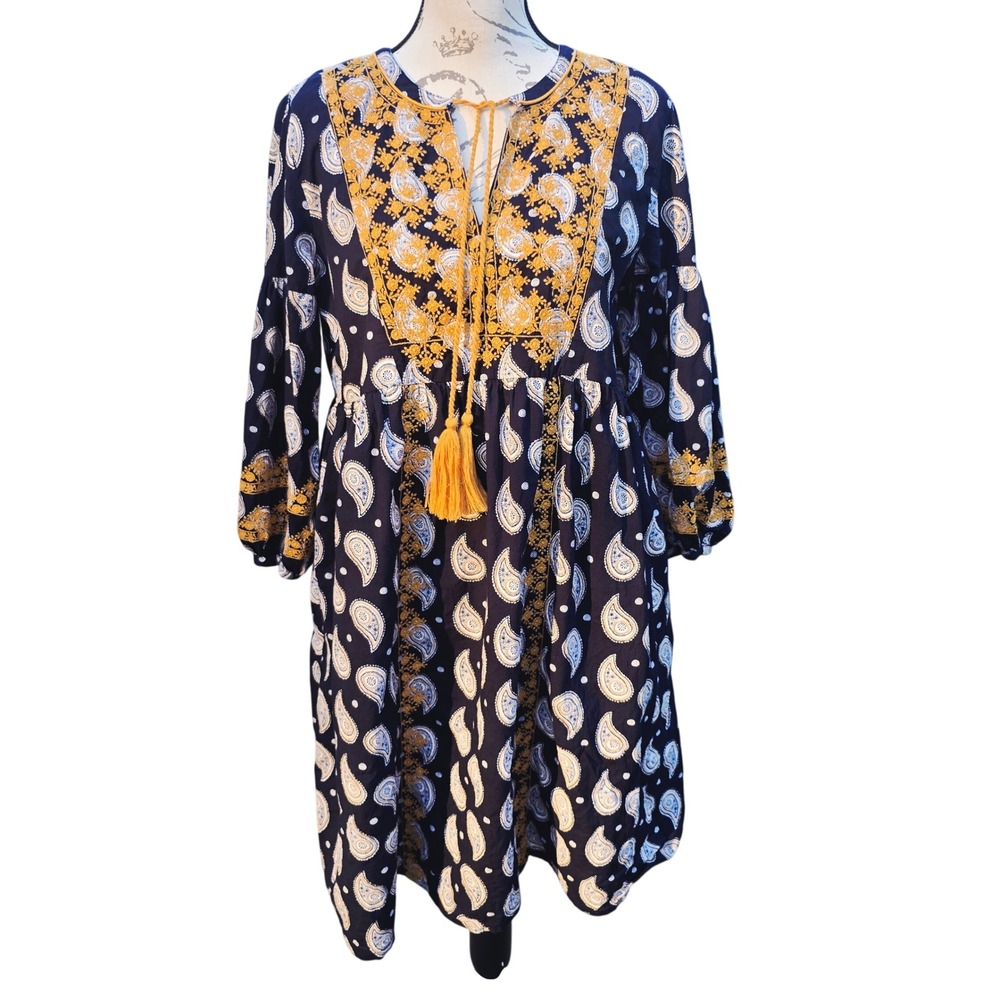 Roller Rabbit Navy Paisley Embroidered Cotton Tunic Dress Yellow Tassels Medium